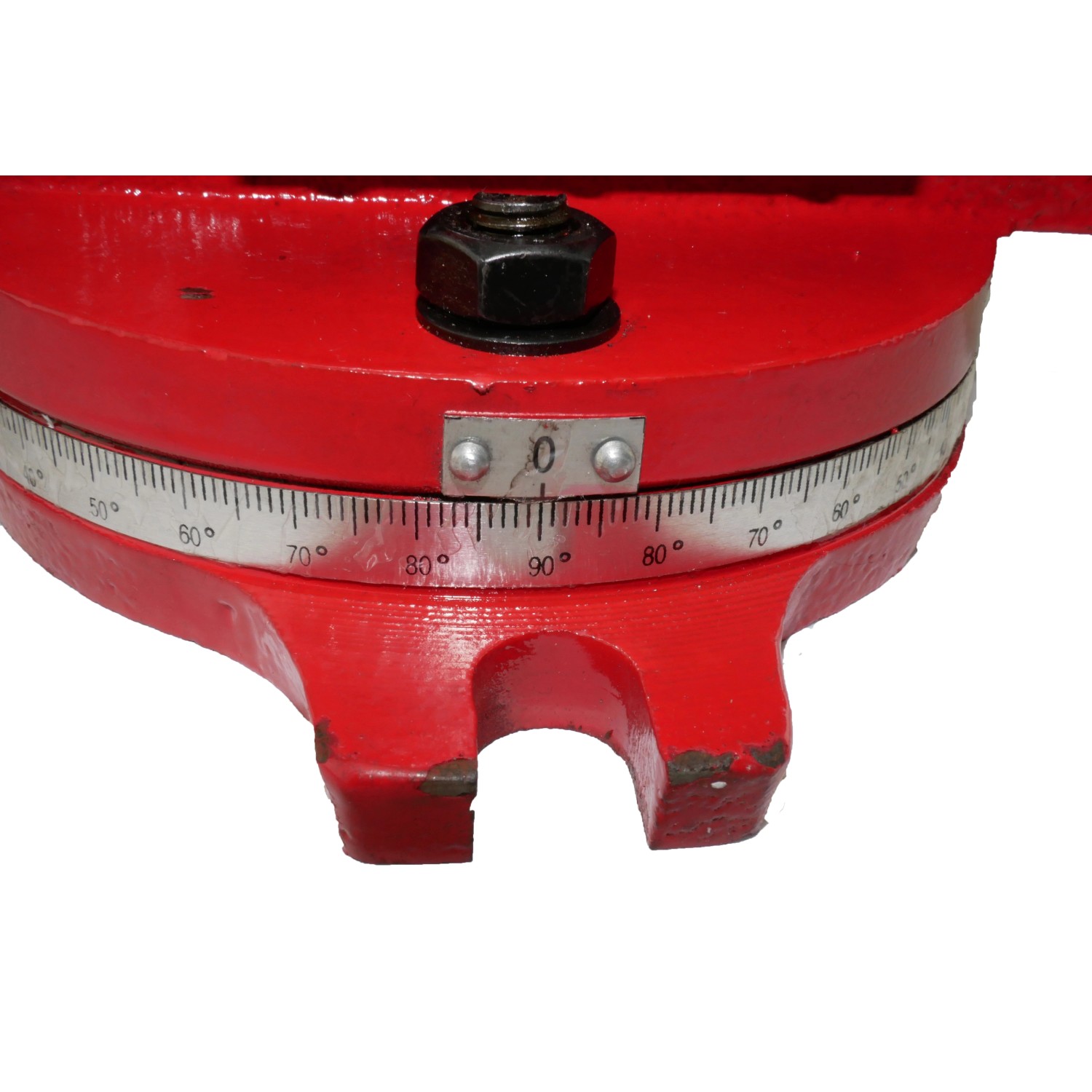 Detailaufnahme: Roter Rotwerk Maschinenschraubstock MSS80SD, drehbar mit Skala.