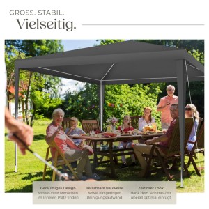 Grauer Tectake Pavillon Barinas 3x3 m mit Familie im Garten. Markise mit abnehmbaren Seitenteilen.