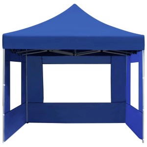 Blaues, faltbares Profi-Partyzelt 4,5x3 m mit Wänden und Aluminiumrahmen.
