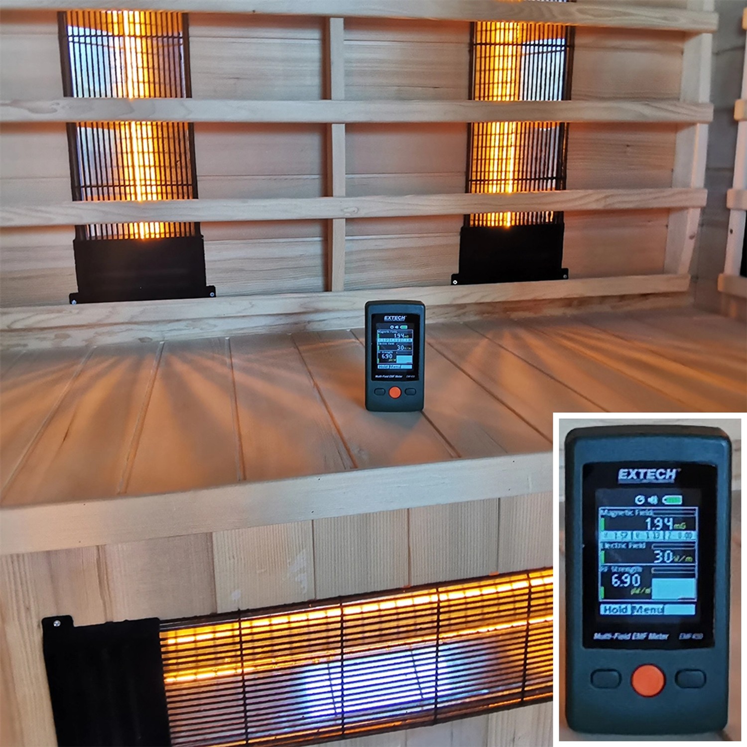 Innenansicht Dewello Infrarotkabine Pierson mit Messgerät. Hemlock Tannenholz und Vollspektrumstrahler sichtbar.