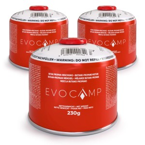 Drei rote Evocamp Butan-Propan Gaskartuschen (230g) mit Schraubventil für Camping und Outdoor-Aktivitäten.