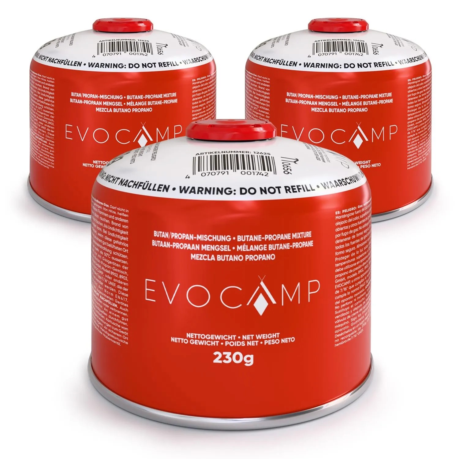 Evocamp Gaskartusche 3 Stück Butan Propan 230g EN 417 Schraubkartusche 7/16 Gewinde Sichere Kartusche mit Schraubventil
