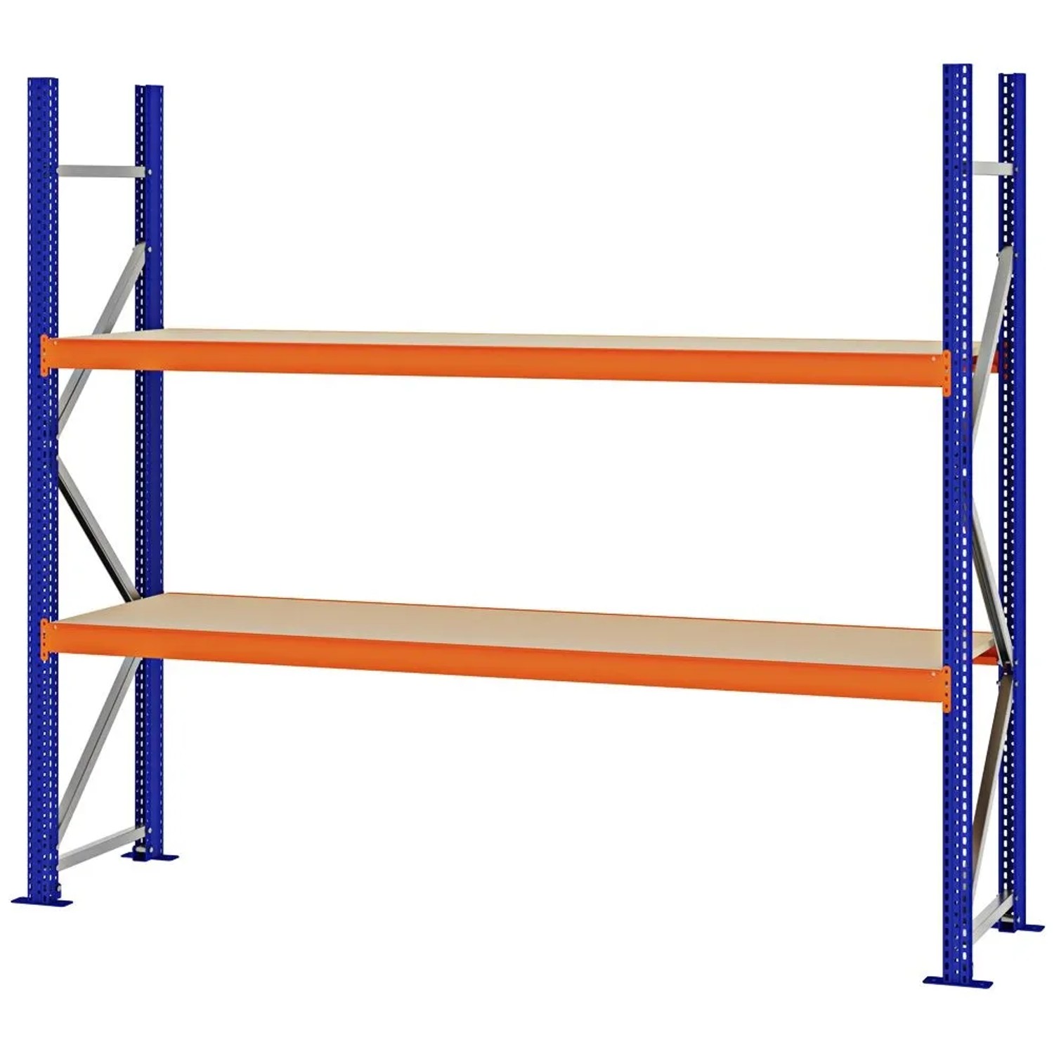 PROREGAL Weitspannregal Schraub-Stecksystem MAGNUS PRO Made In Germany Grundregal 200x225x50cm 2 Ebenen Spanplattenböden Fachlast 520kg Blau/Orange