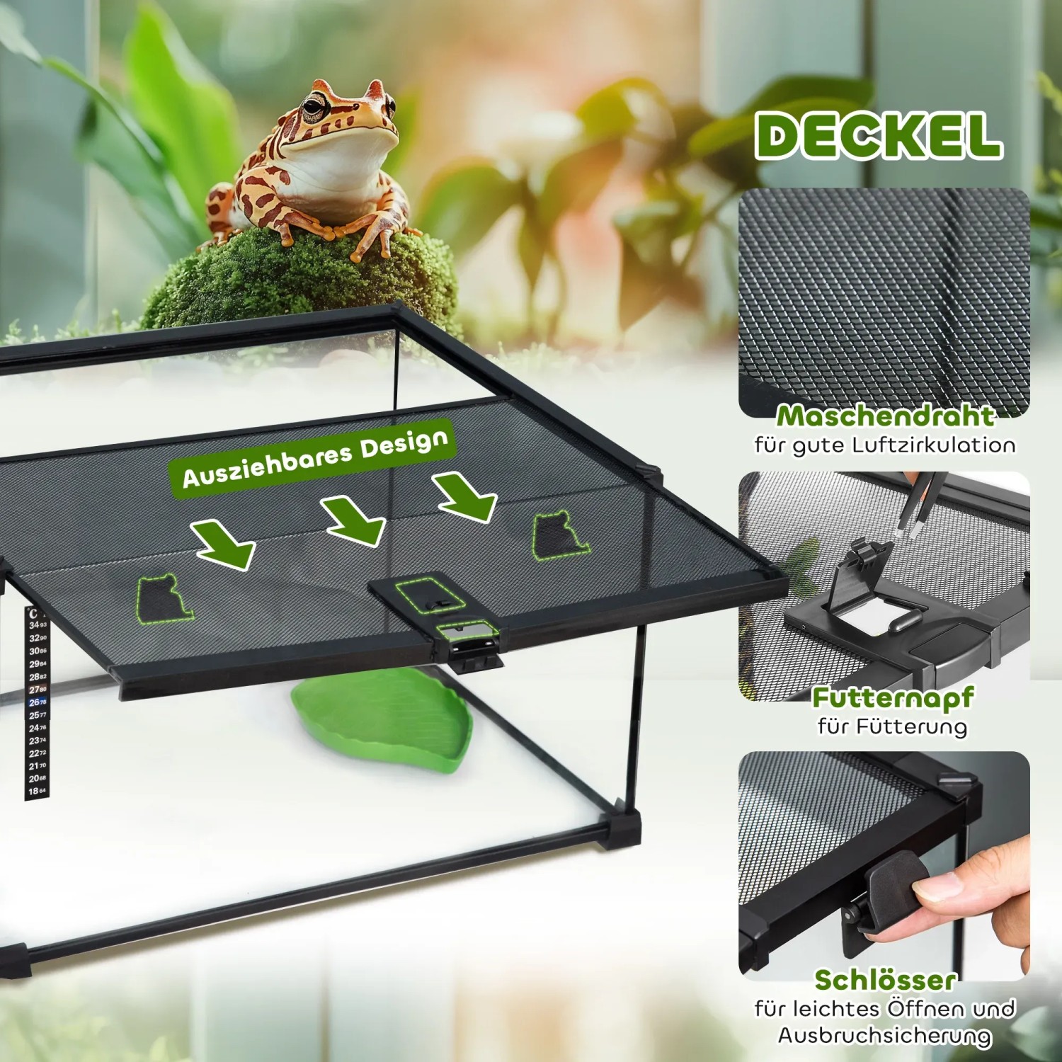 PawHut Terrarium mit Thermometer für Reptilien, ausbruchsicher und mit guter Luftzirkulation.