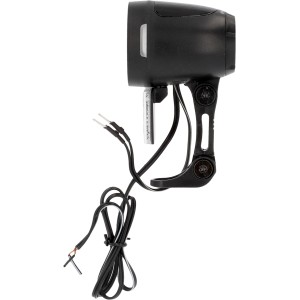 Fischer Dynamo LED-Frontlicht 80 Lux mit Lichtsensor, schwarzes Gehäuse und Kabel.