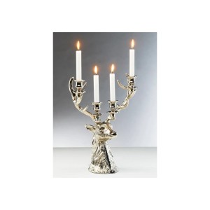 Silberner Kobolo Kerzenleuchter TROPHÄE mit Hirschkopf und vier brennenden Kerzen.