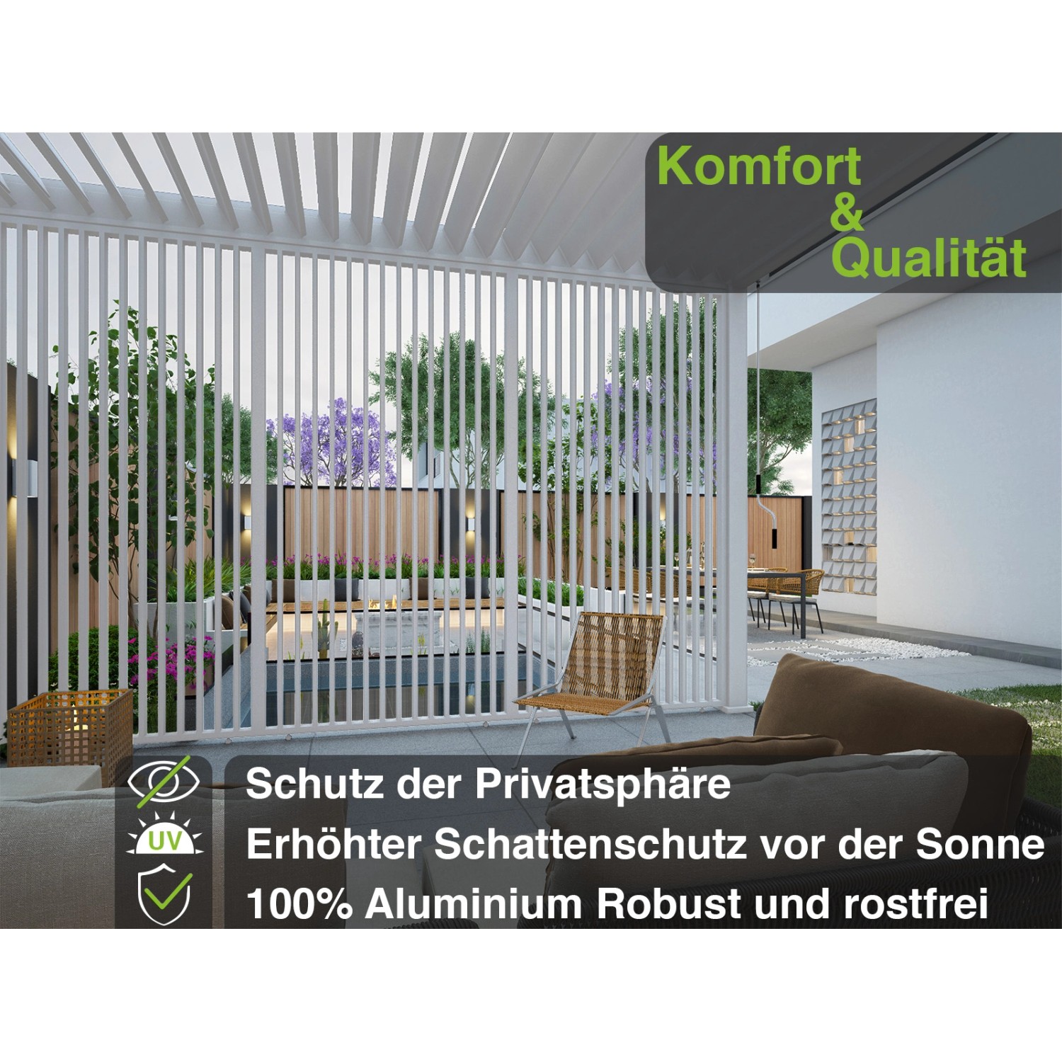Weide Lamellenwand, vertikal, weiß, aus Aluminium für Pergola. Sichtschutz und Windschutz für Garten und Terrasse.