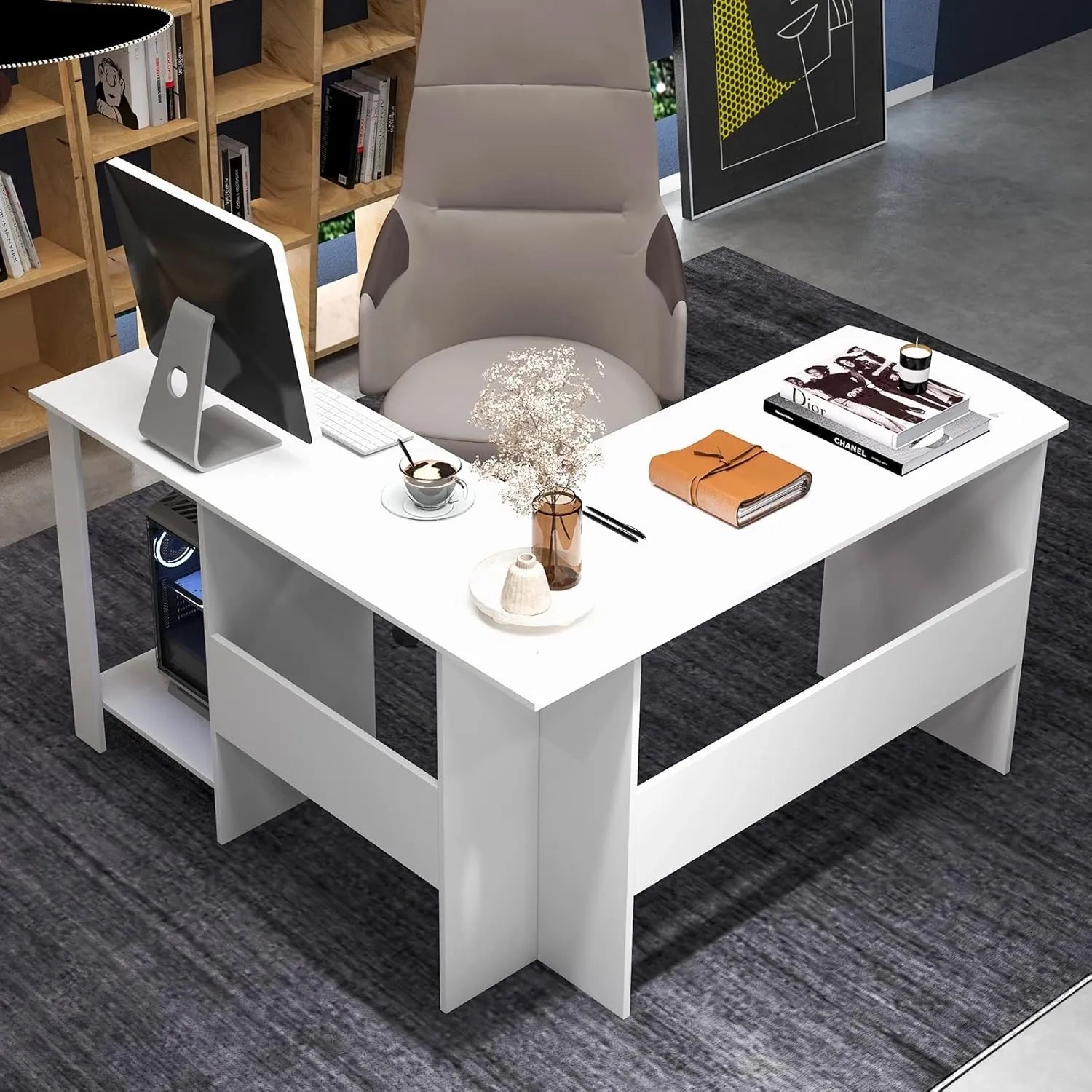 Weißer Costway L-förmiger Schreibtisch/Ecktisch mit Ablageflächen für Büro oder Arbeitszimmer.