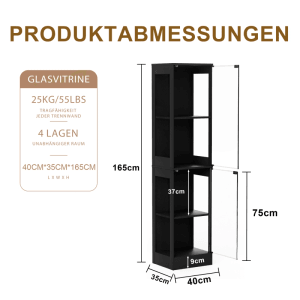 Schwarze PXloue Glasvitrine 40x35x165 cm mit vier Fächern. Ansicht der Maße und des Aufbaus.