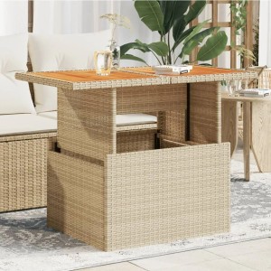 Beiger vidaXL Gartentisch aus Rattan und Akazie, höhenverstellbar. Ideal für Garten und Terrasse.