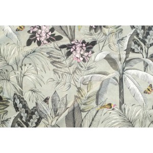 Blickdichter, grüner Bricoflor Vorhang Kelani mit Blätter-, Blumen- und Vogelmuster.