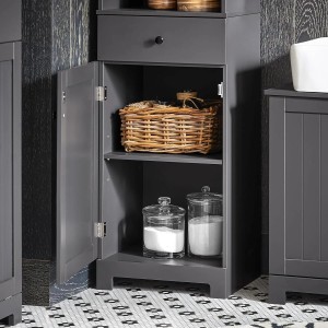 SoBuy Bad Hochschrank BZR17-DG, dunkelgrau, mit offenen Fächern, Schublade und Tür.