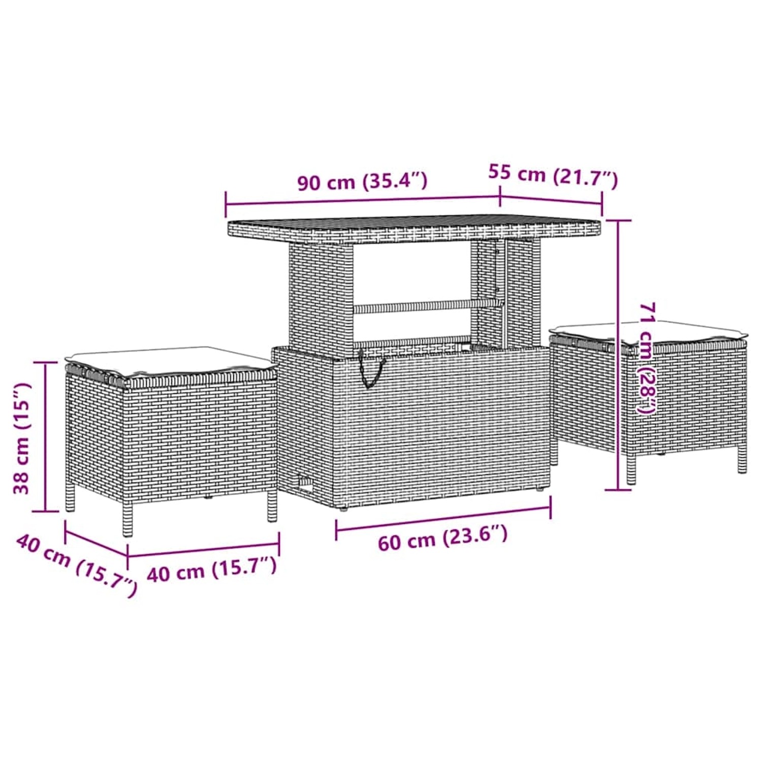 vidaXL Gartenmöbel Set, 8-teilig, grau, Poly Rattan, mit Tisch und Hockern, Maße siehe Bild.