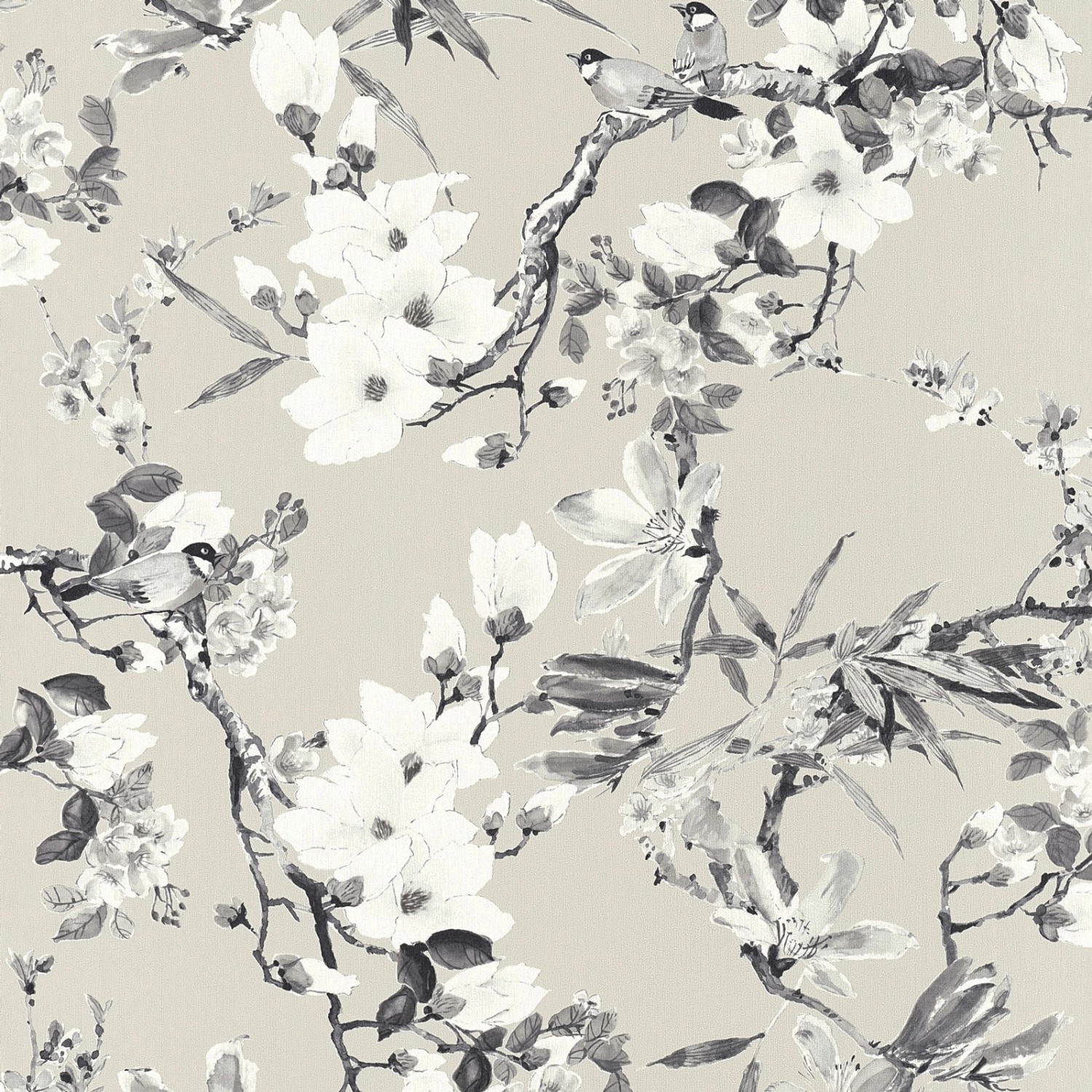 Bricoflor Vintage Tapete Kirschblüten Vogel Vliestapete mit Blumen Hellgrau für Schlafzimmer Romantische Blumentapete in Grau mit Vögeln und Zweigen