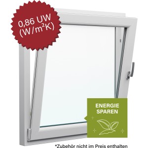 Weißes JM Meeth Energiesparfenster Ecoline, 100x50 cm, DIN links, geöffnet.