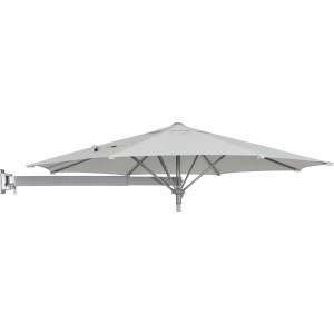 Grau-silberner Ampelschirm, Ø 245 cm, mit Dreh- und Neigungsfunktion für flexible Beschattung.