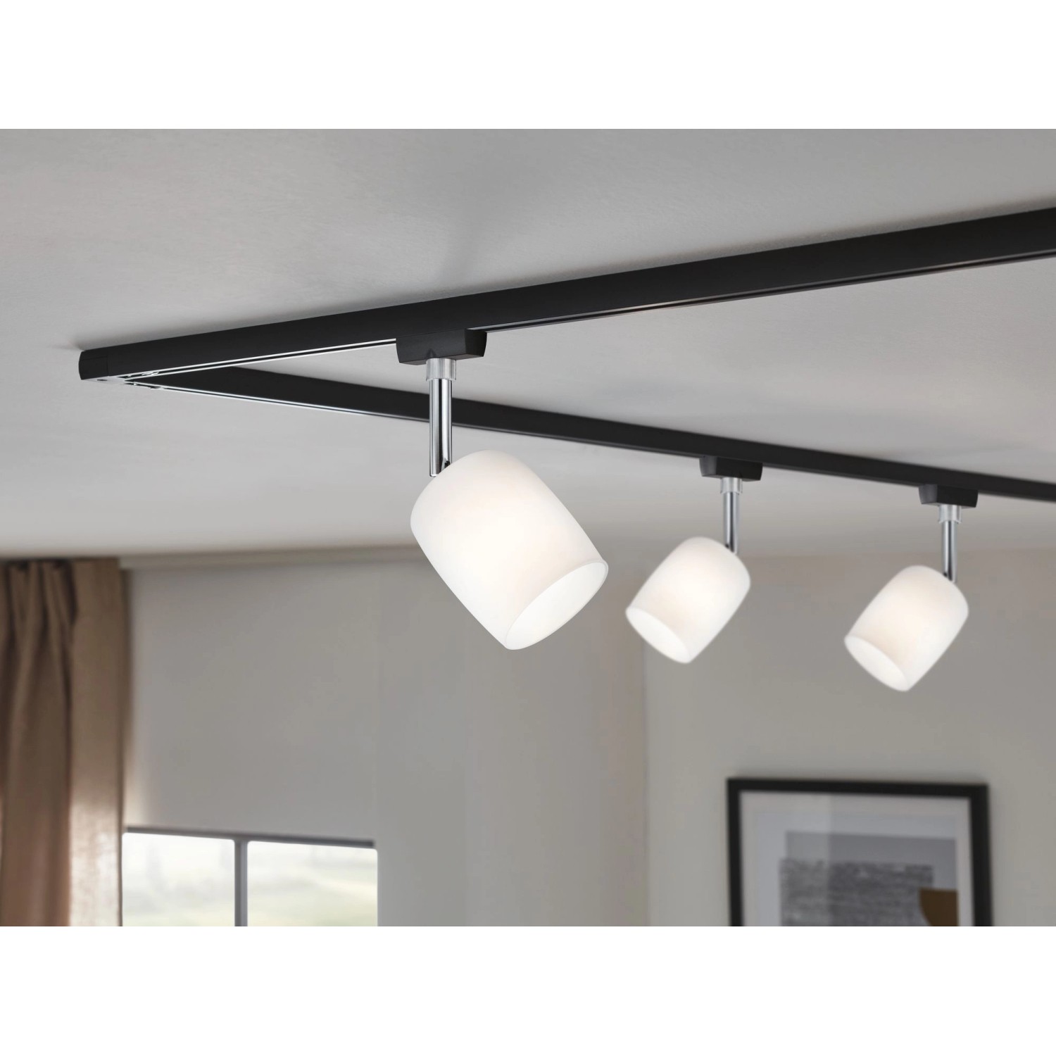 URail Schienensystem: Schwarzer Spot Blossom mit satiniertem Glas für flexible Beleuchtung.