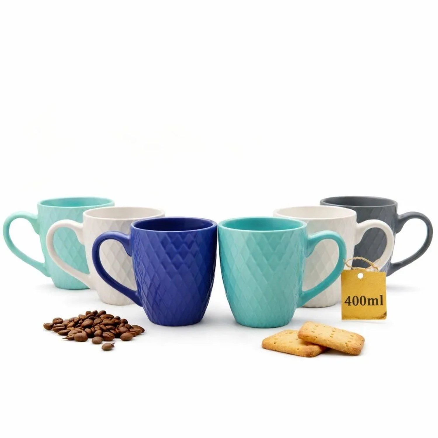 BigDean 6 Kaffeebecher 400 ml Farbige Kaffeetassen Steingut Waffeldesign