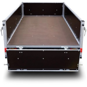 Stema Holzanhänger HZ 7.5-20-12.1, Ansicht von hinten mit Holzwänden und Boden.