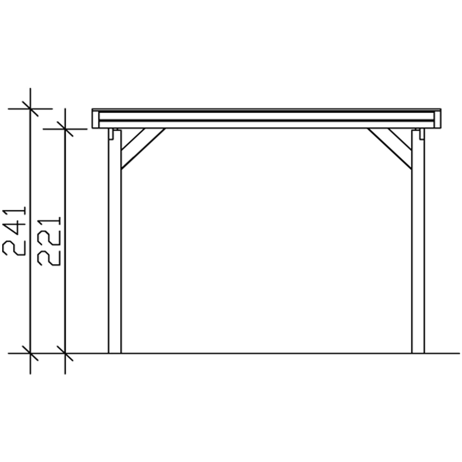Technische Zeichnung: Skan Holz Einzelcarport Nussbaum, Maße 314x708 cm, Höhe 241/221 cm. Carport Details.