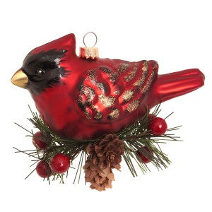Roter Glas-Kardinal Vogel Baumschmuck auf Zweig mit Beeren und Zapfen, 13cm.