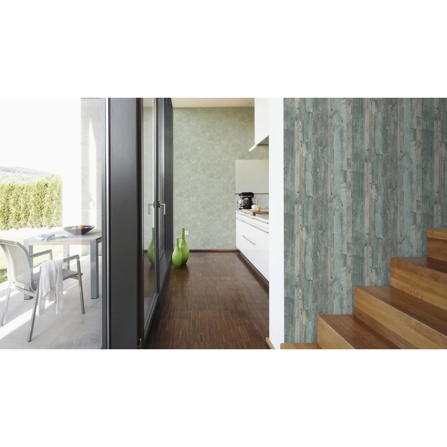 A.S. Creation Vliestapete Decoworld Landhaus Grün mit Holzoptik in Wohnraum-Szene.