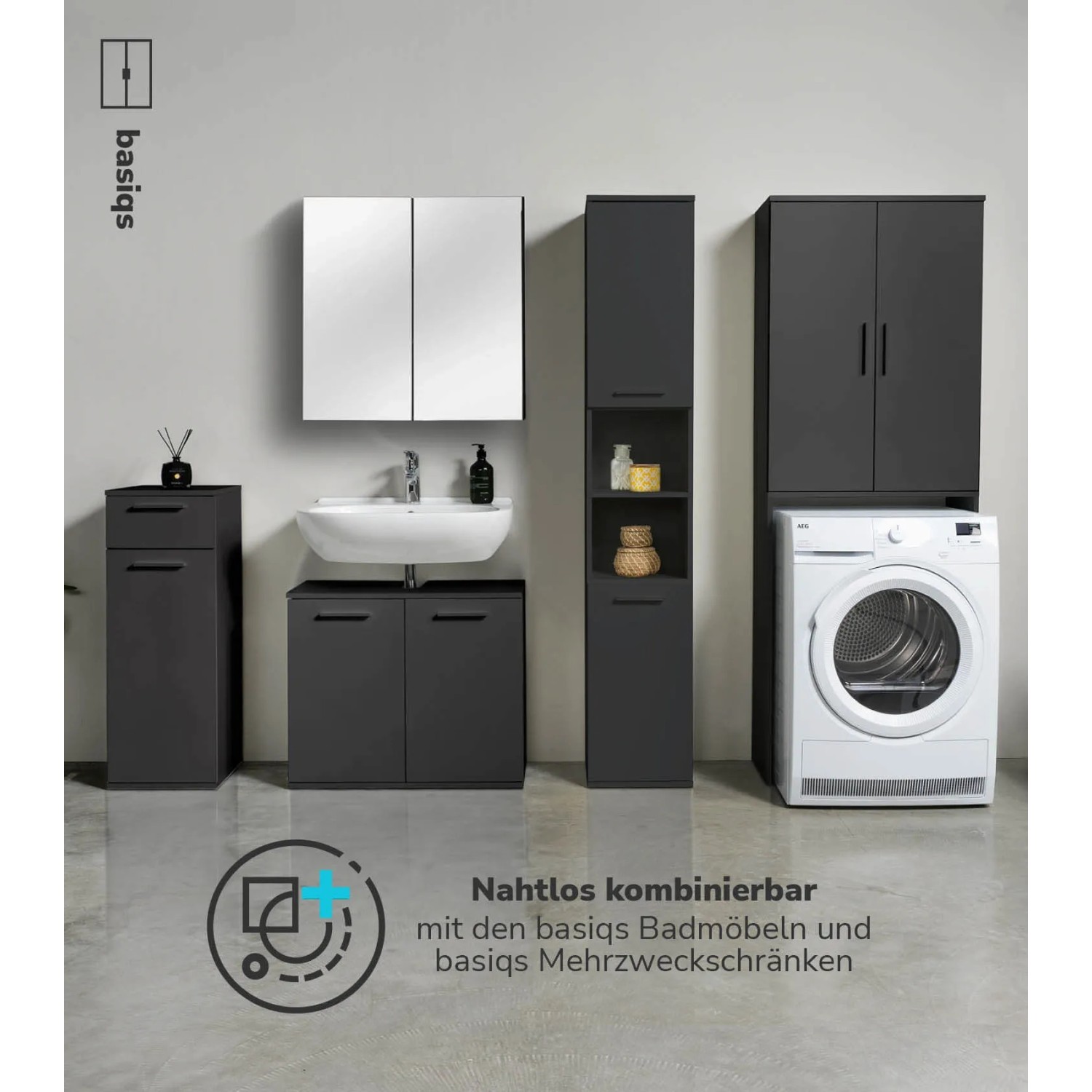 Anthrazitfarbener Waschmaschinenschrank mokebo Der Saubermann als Teil eines Badmöbel-Sets.