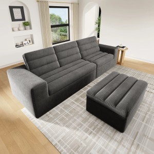 Dunkelgraues Merax Cloud L-Sofa aus Cord mit passendem Hocker im modernen Wohnzimmer. Modulares Ecksofa für Komfort.