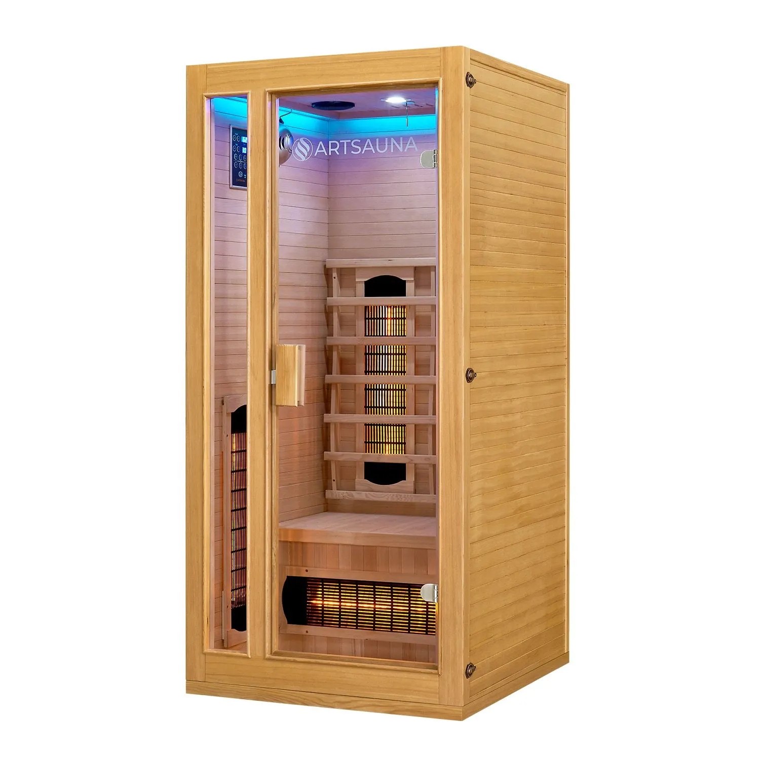 Artsauna Infrarotkabine Nyborg S90V aus Hemlockholz mit Glasfront und Vollspektrumstrahlern.