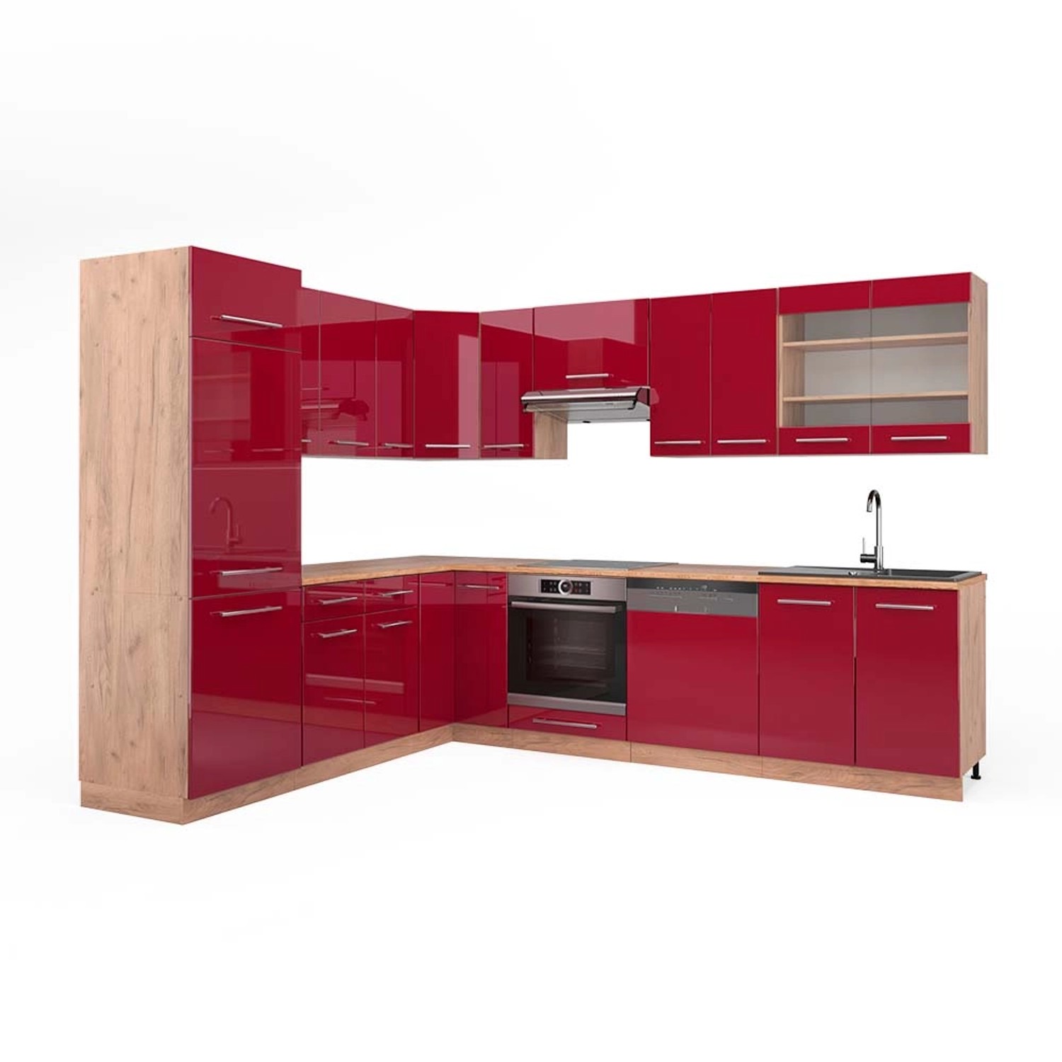 Vicco Fame-Line Eckküche Bordeaux Hochglanz/Goldkraft Eiche 227 x 287 cm AP günstig online kaufen