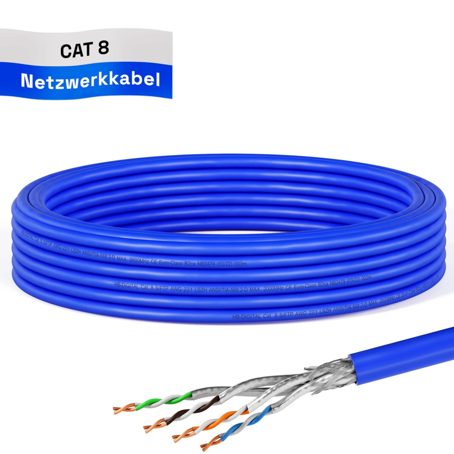 Thumbnail - hb-digital Netzwerkkabel CAT 8 max. 2000 MHz S/FTP AWG22 LSZH 10m blau