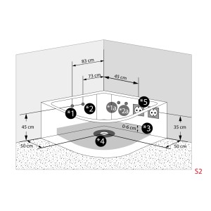 Skizze der AquaVapore Whirlpool Badewanne W05R 140x140cm mit Maßangaben für Installation.