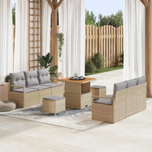 Beiges 9-teiliges vidaXL Garten-Sofa-Set aus Poly Rattan mit Tisch und Kissen.