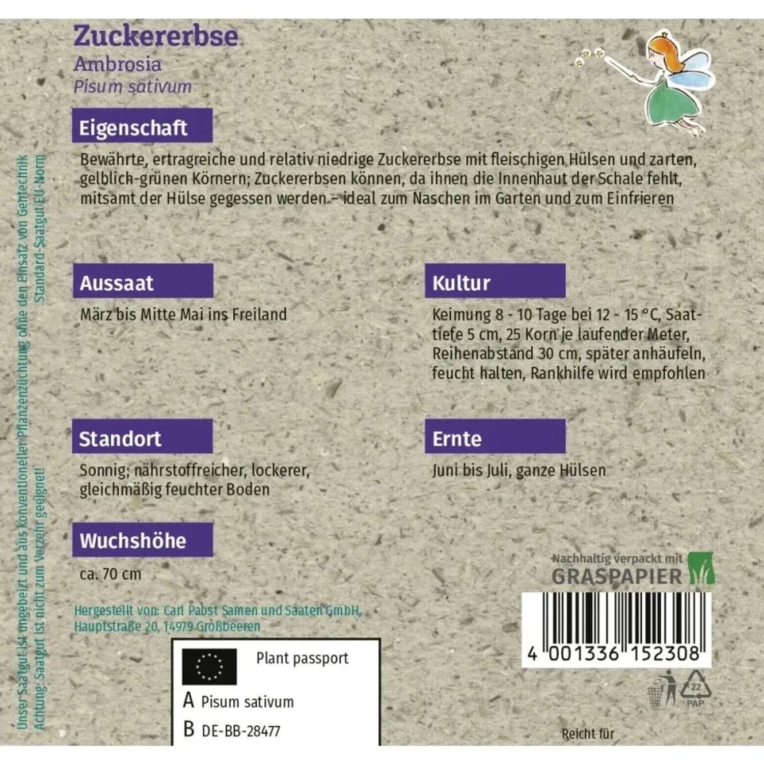 Grüne Fee Zuckererbse Ambrosia Saatgut in brauner Graspapier-Verpackung mit Produktinfos und kleiner Fee.