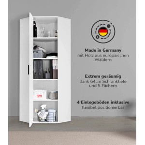 Weißer mokebo Eckschrank „Der Lange“ mit geöffneter Tür, gefüllt mit Ordnern und Haushaltswaren.