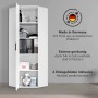 Weißer mokebo Eckschrank „Der Lange“ mit geöffneter Tür, gefüllt mit Ordnern und Haushaltswaren.