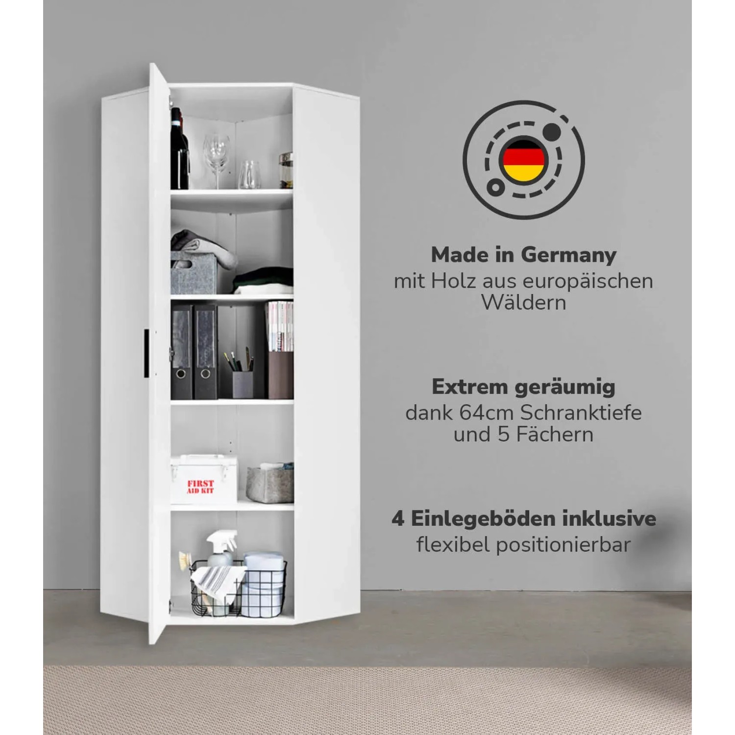Weißer mokebo Eckschrank „Der Lange“ mit geöffneter Tür, gefüllt mit Ordnern und Haushaltswaren.
