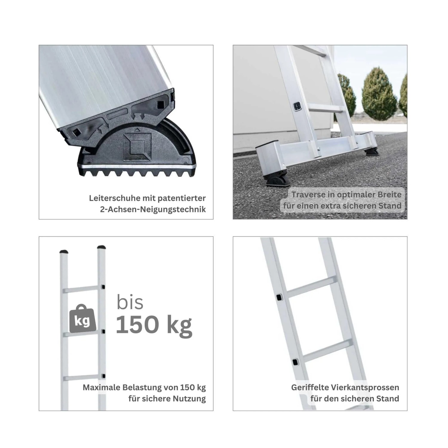 Detailansicht PROREGAL Mehrzweckleiter: Leiterschuhe, Traverse, Sprossen und Belastbarkeit der Leiter.