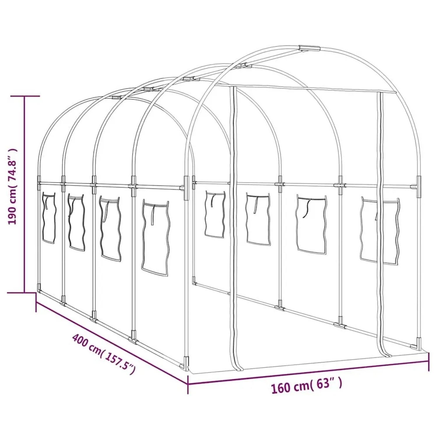 vidaXL Gewächshaus Transparent 160x400x190 cm PVC & Stahl 317247_6
