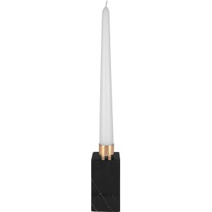 Schwarzer Marmor-Kerzenhalter mit goldenem Einsatz für eine weiße Stabkerze.