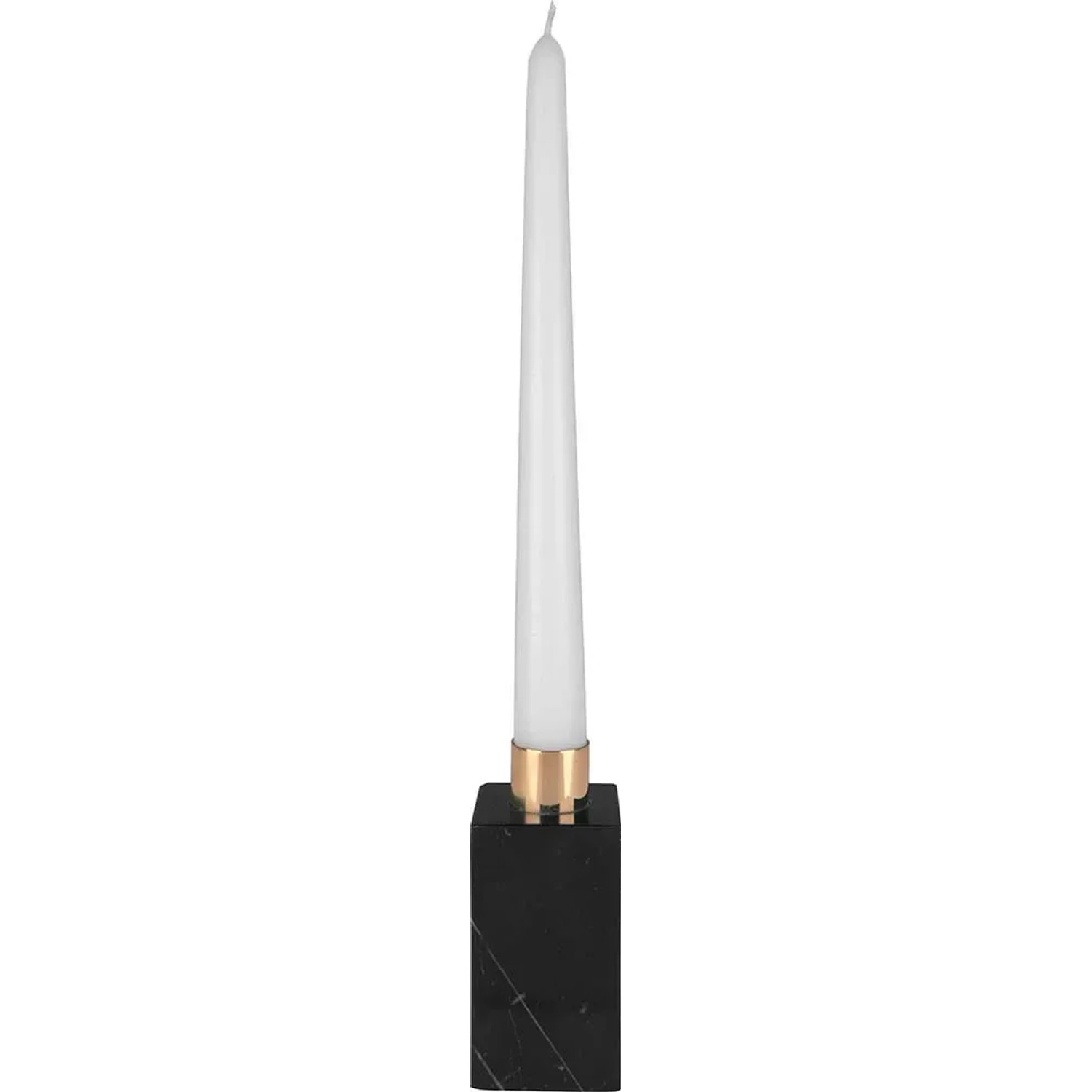 Schwarzer Marmor-Kerzenhalter mit goldenem Einsatz für eine weiße Stabkerze.