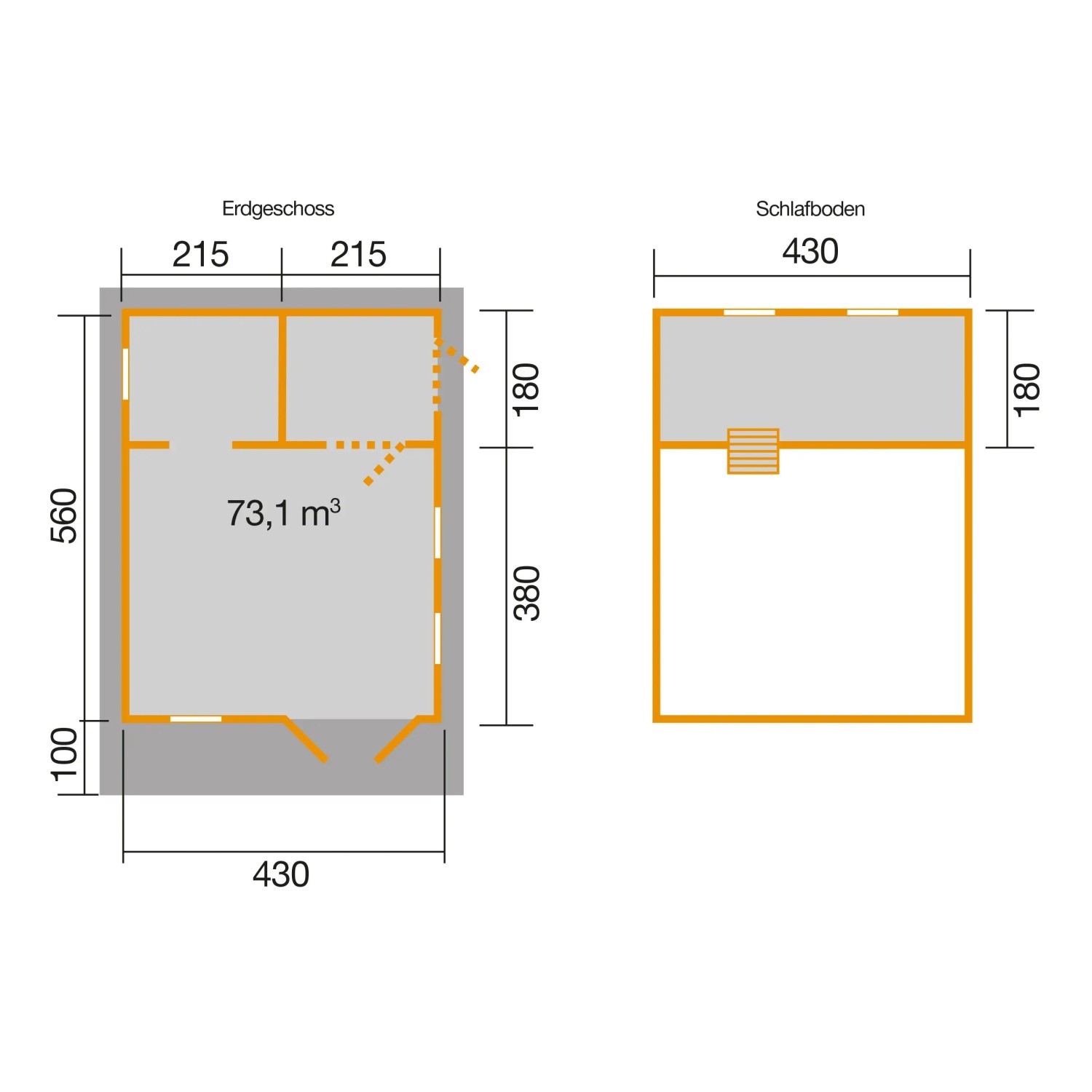 Grundriss Holz-Gartenhaus 155 Satteldach, 500x690cm, unbehandelt, mit Maßangaben für Erd- und Schlafgeschoß.