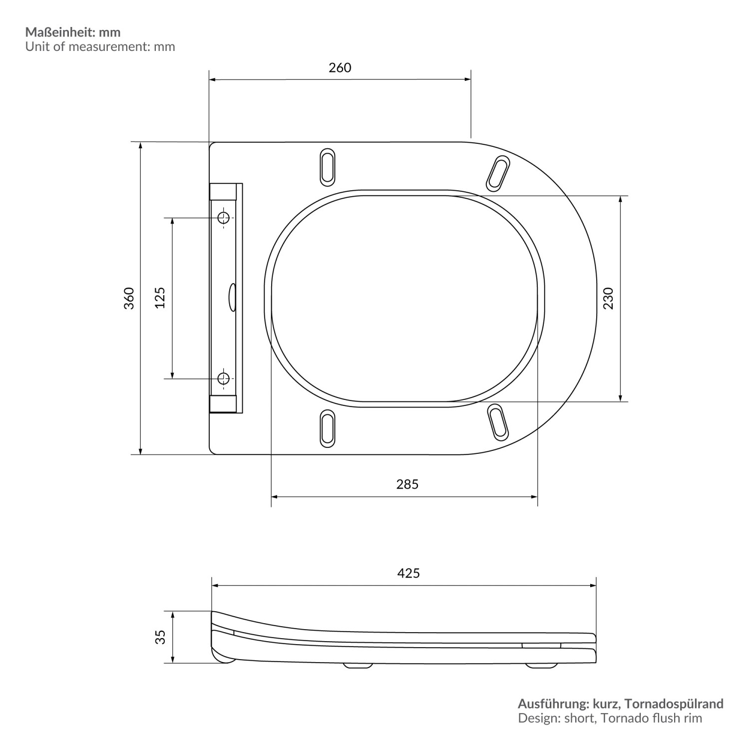 Technische Zeichnung: LuxeBath Wand WC mit Bidet, spülrandlos, schwarz matt, kurze Ausführung, Maße in mm.