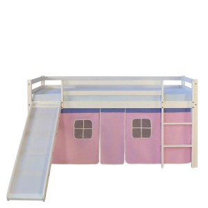 Homestyle4u Kinderhochbett 90x200 weiß, mit rosa Vorhang, Rutsche und Leiter. Abenteuerbett.