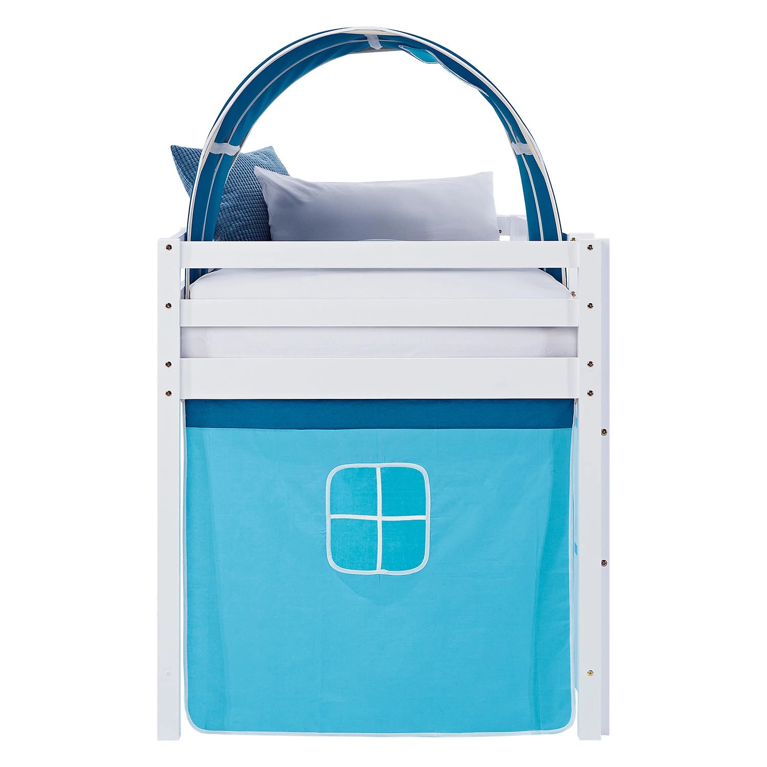 Homestyle4u Kinder Hochbett in Weiß mit blauem Tunnel und Vorhang. Kinderbett 90x200.