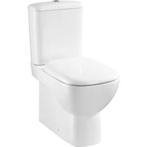 Weisse baliv Stand-WC-Kombination, spülrandlos, mit Spülkasten und WC-Sitz.