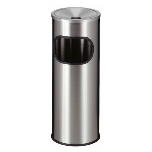 Runder Edelstahl Kombiascher, 9 Liter, silberfarben, mit Einwurföffnung und seitlicher Öffnung.