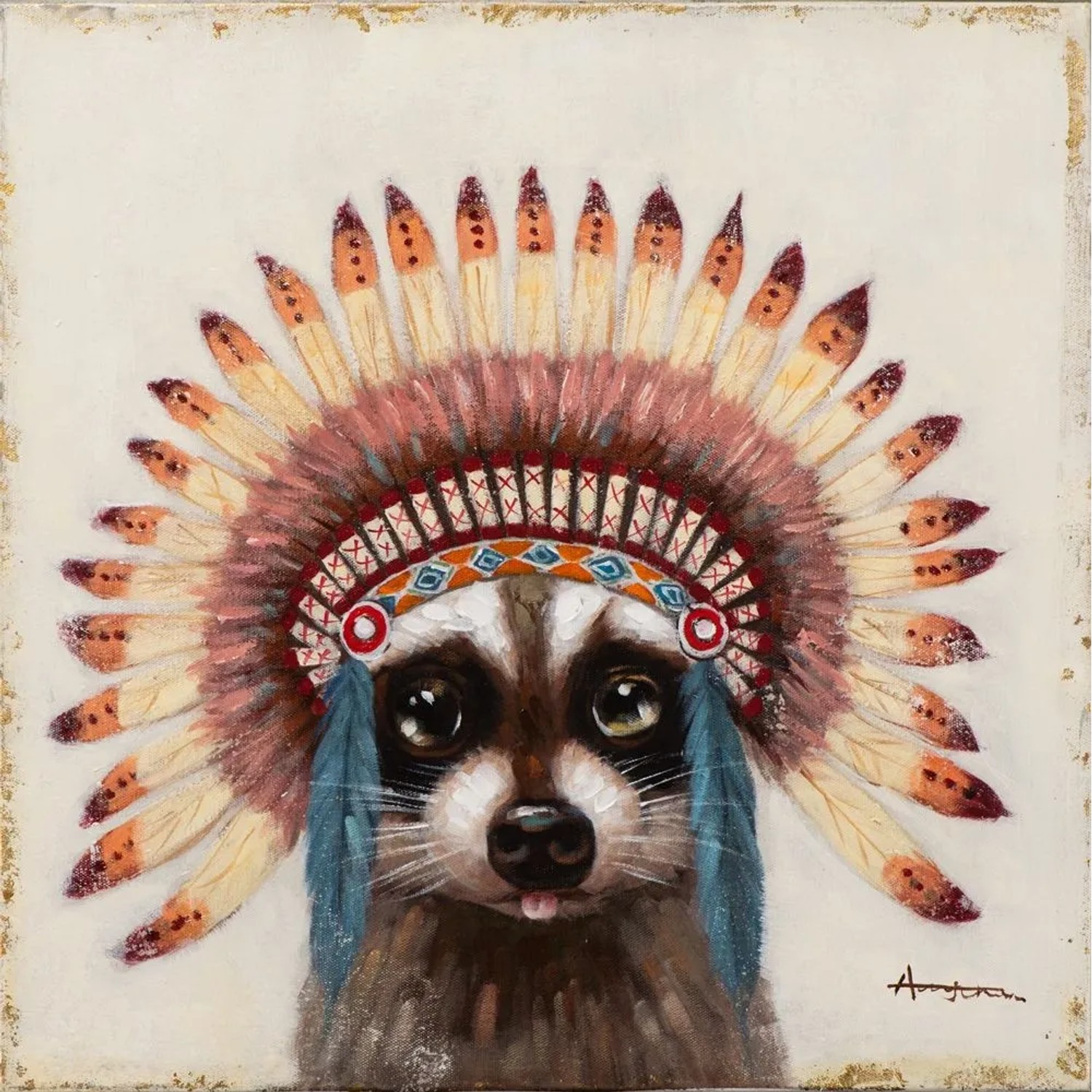 Art Universe Leinwandbild Waschbär mit Indianderschmuck 60 x 60 cm