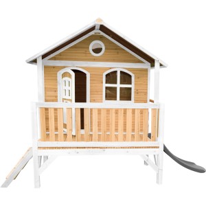 Axi Stef Spielhaus aus Holz in Braun-Weiß mit grauer Rutsche und Veranda.
