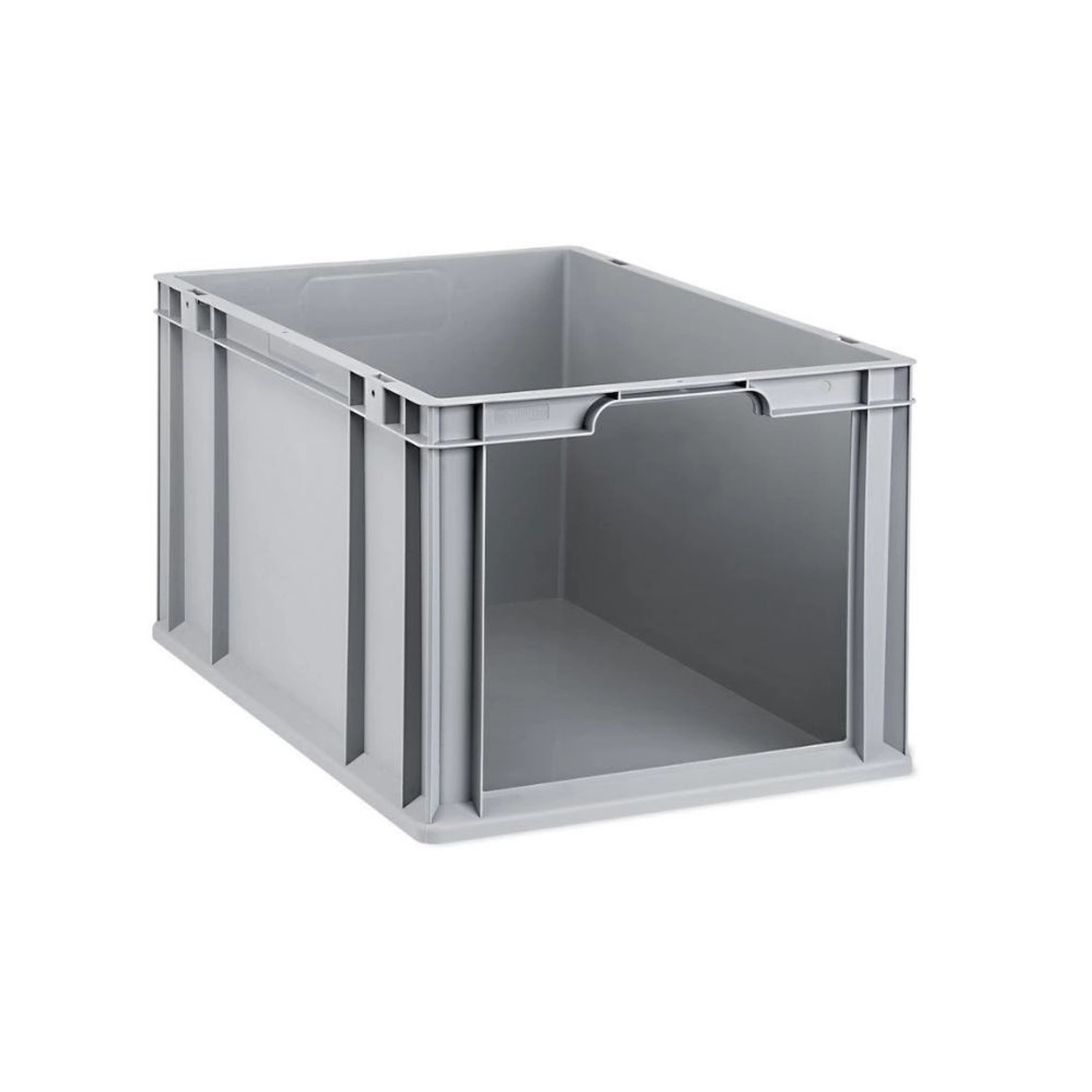 Graue Eurobox NextGen Store mit offener Front, 65 Liter, für Lagerung und Transport.